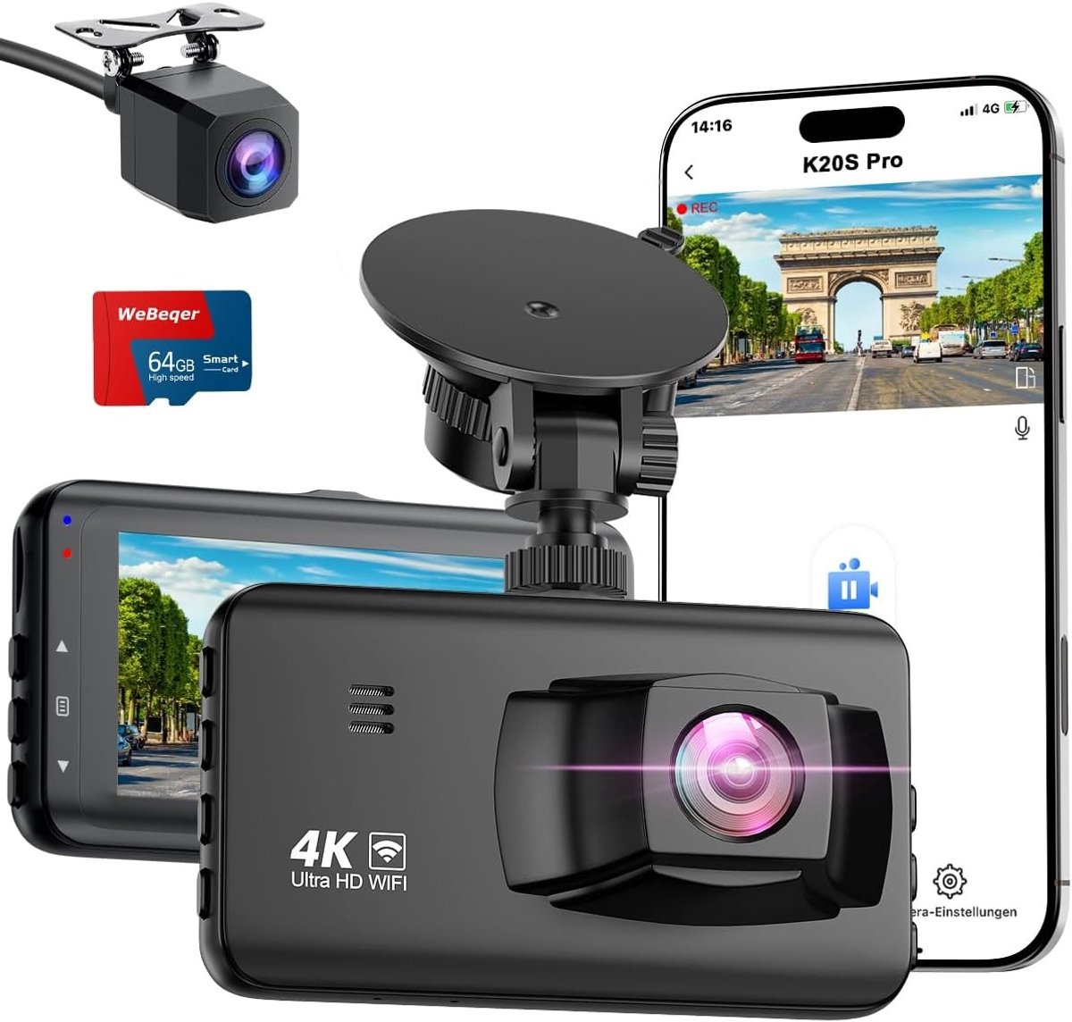Dashcam voor de auto - 4K Ultra HD - Voor- en achtercamera - Wifi-verbinding - Voor veilige ritten