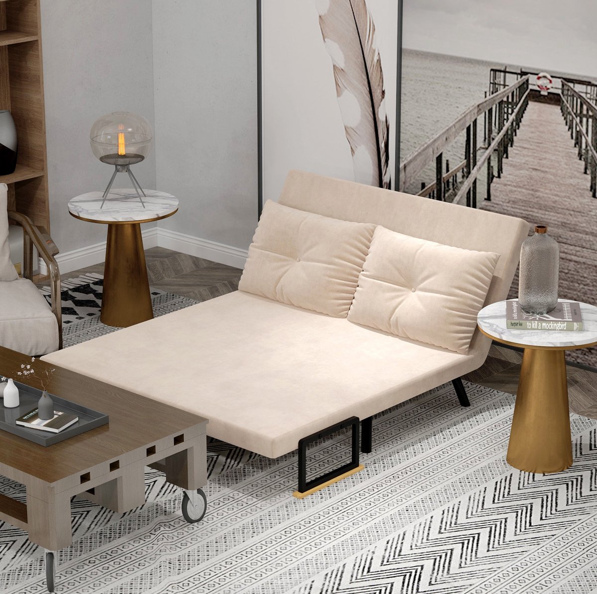 OKWISH Fauteuil – Slaapfauteuil Met Bedfunctie 102 x 73 x 81 cm – Vijfvoudig Verstelbare Rugleuning – Voor Woonkamer of Logeerkamer – Polyester – Beige