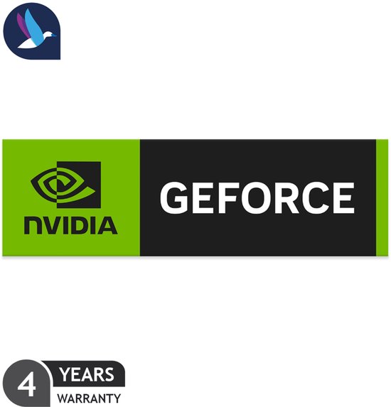 Groene en zwarte sticker met het NVIDIA logo en 'GEFORCE' tekst.