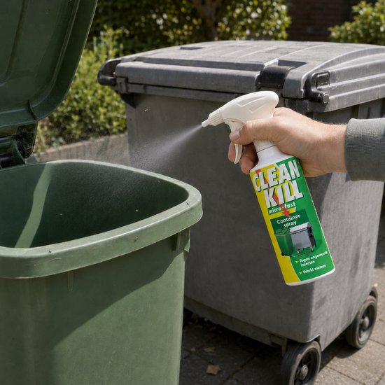 Hand spuit Clean Kill micro-fast container spray op een groene afvalcontainer.