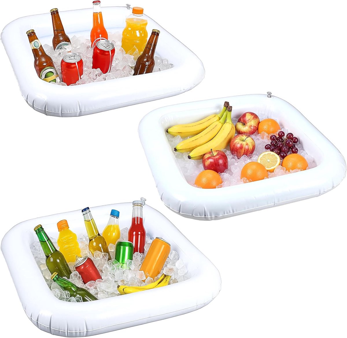 LISM-Driedelige opblaasbare ijsspiesjes, draagbare salade- en drankkoeler, Geschikt voor feestjes, barbecues, zwembaden en kamperen – 60 cm x 60 cm witte PVC buffettafel met afvoerplug.