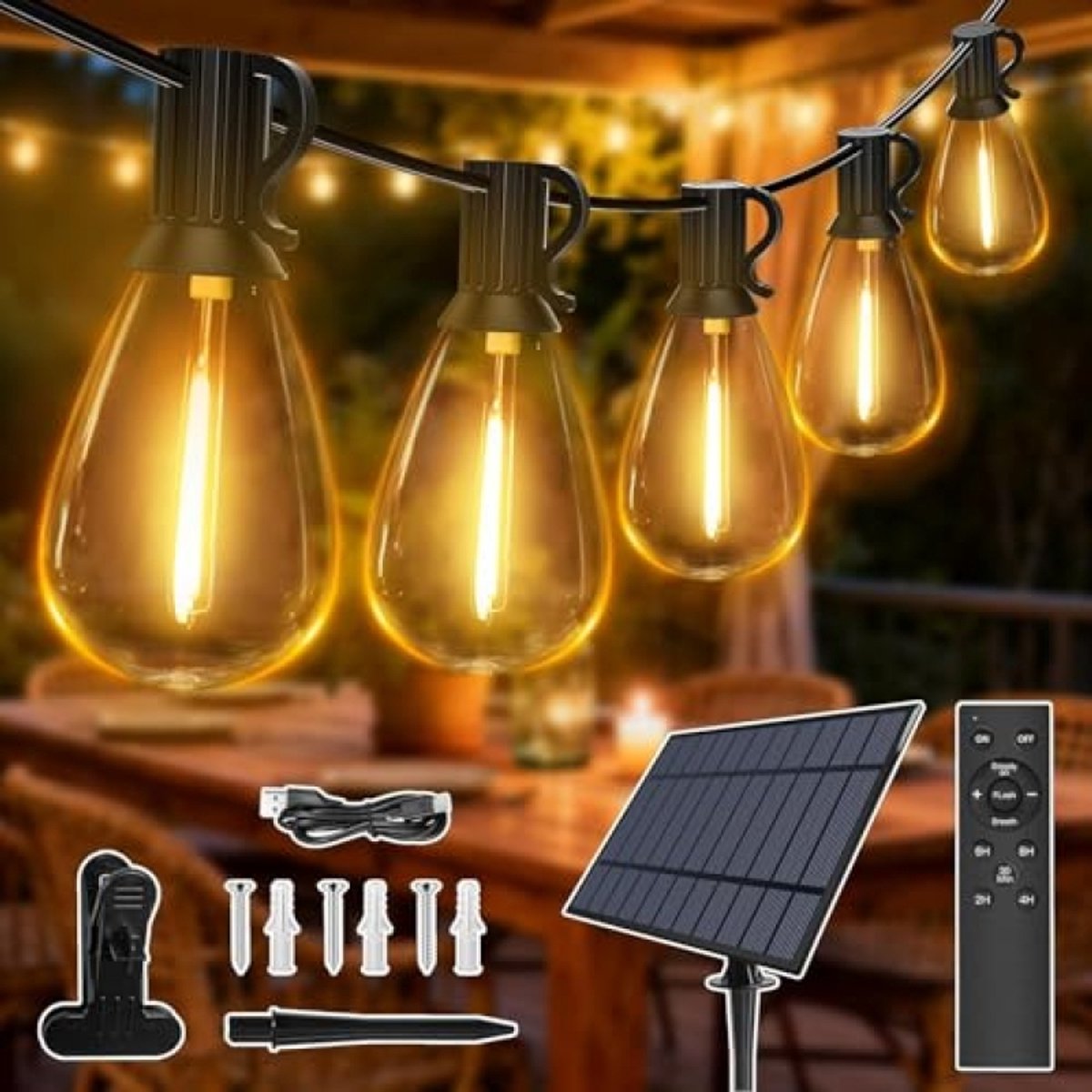 ModernStore Lichtsnoer op zonne-energie voor buiten 30 m - 35+2 LED gloeilampen - met afstandsbediening - 3 modi - timerfunctie - dimbaar - IP65 waterdicht