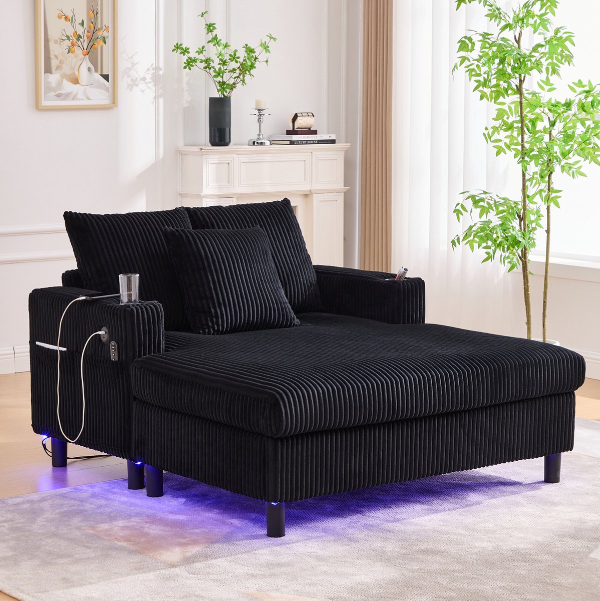DESMIU Fauteuil 142 x 128 x 85 Cm - Relaxfauteuil Met USB, Bekerhouder En LED-Verlichting - Voor Woonkamer En Slaapkamer - Corduroy Zwart Black