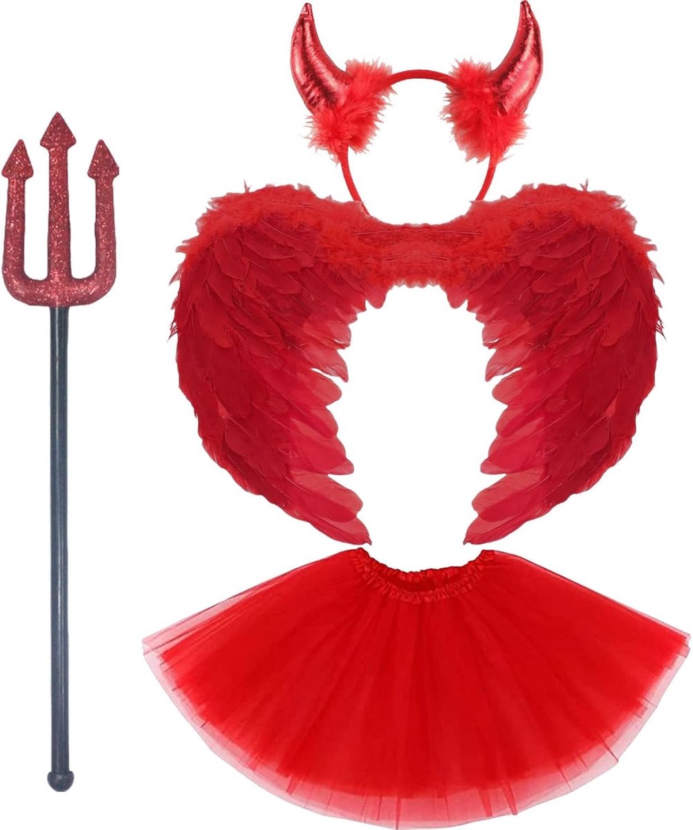Rood Duivel Kostuum met Vleugels, Hoorns en Tutu Rok voor Halloween, Cosplay en Feestjes