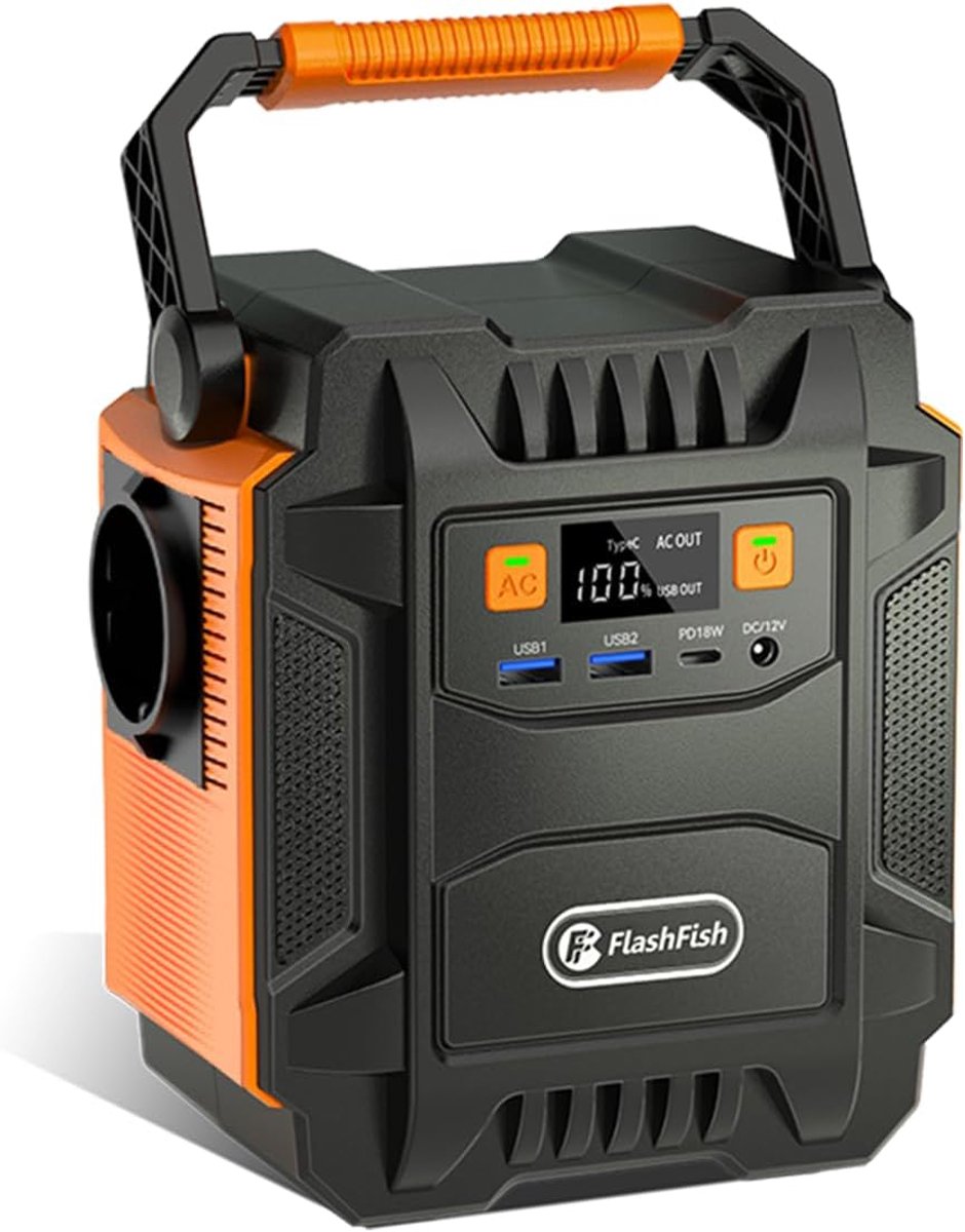 FlashFish Draagbare Powerstation 172,8Wh 200W - Solar Generator met 230V AC, DC, USB en LED-lamp - Voor Camping en Noodstroom