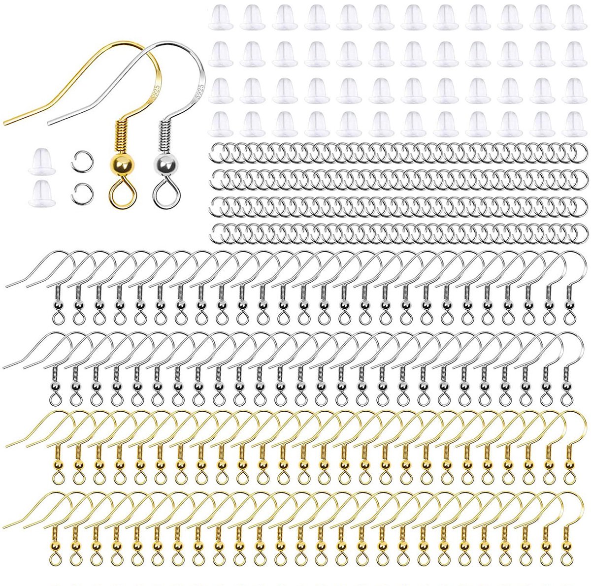 YAGXIG 300 stuks 925 oorbelhaakjes - DIY handgemaakte oorbelstiften - Sieradenmaakset - Oorbelhaakjes - Oorbelmaterialen en accessoires (zilver en goud)