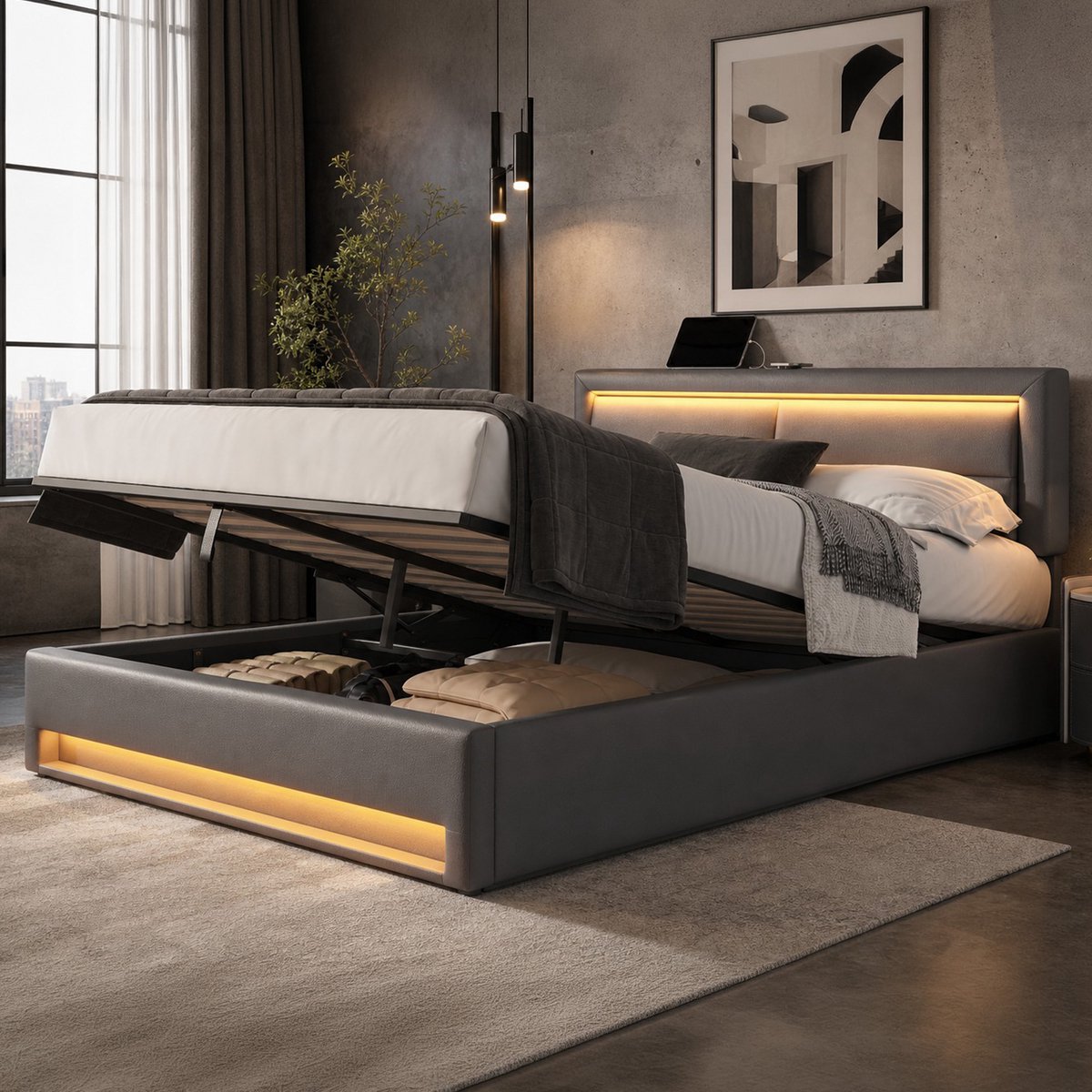 HAUSS SPOLE Gestoffeerd Bed 140x200 cm - Met USB, Draadloos Laden, Led en Opbergruimte - Zonder Matras - PU - Grijs
