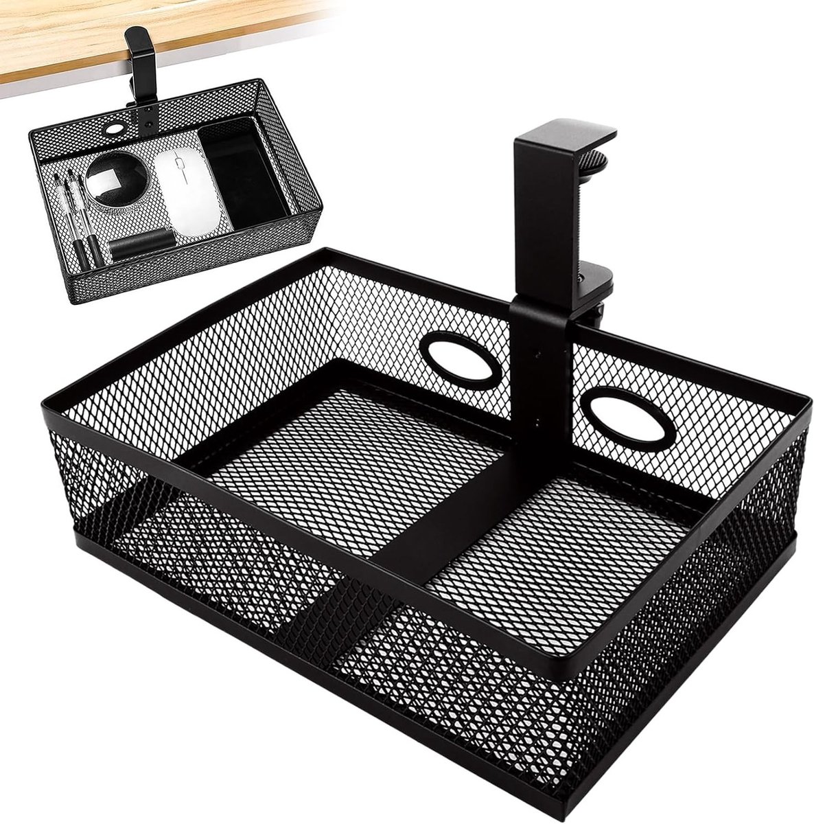 Onderbureau Lade Organizer voor Potloden - 360° Draaiend, 25 x 17 x 7.5 cm - Ideaal voor Thuis, Kantoor en School met 2 Kabelgaten en Ruimtebesparend Ontwerp