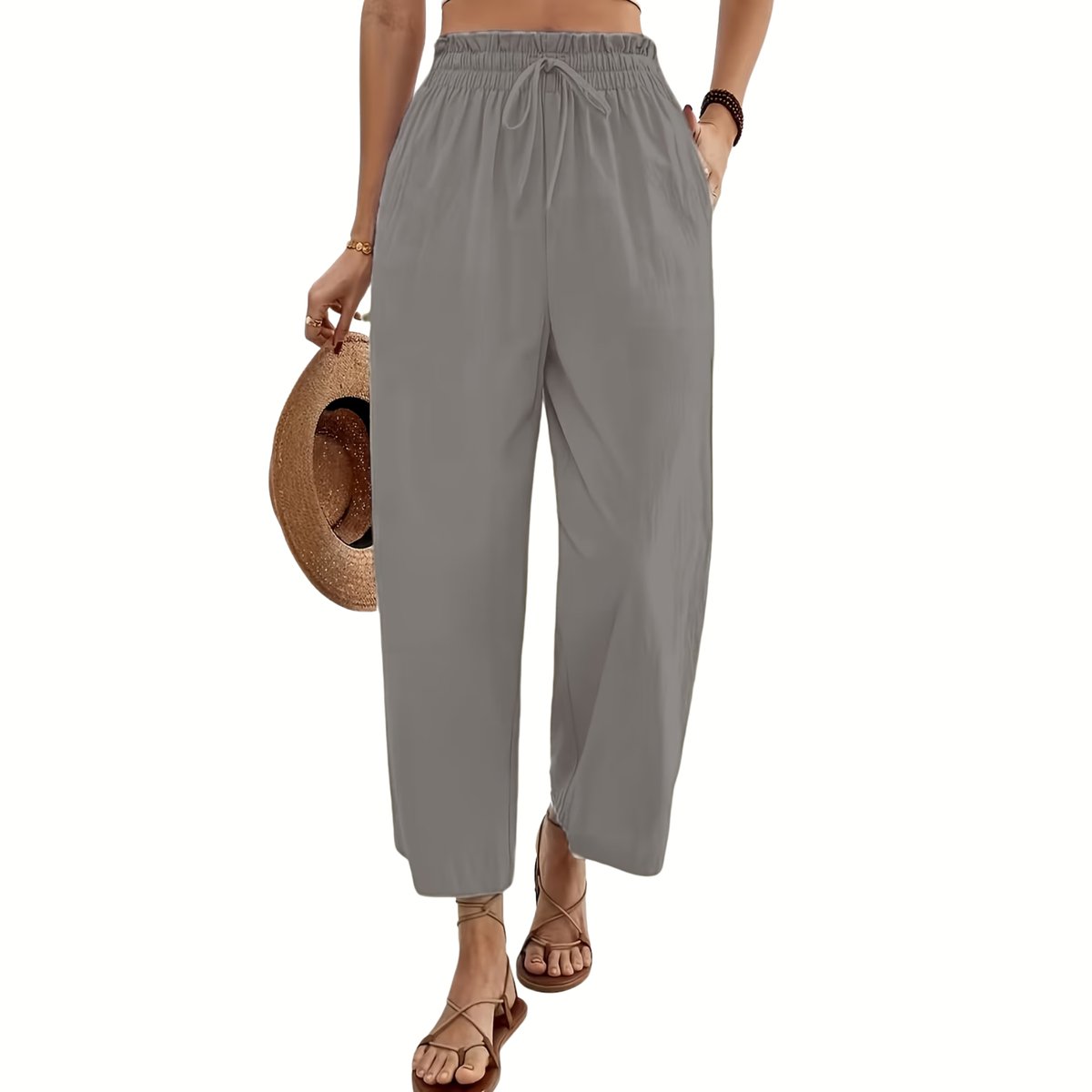Currero Linnen Broek Dames Zomerbroek Volwassenen Lange Broek Pantalon Strandbroek Zomer Ibiza Stijl Grijs