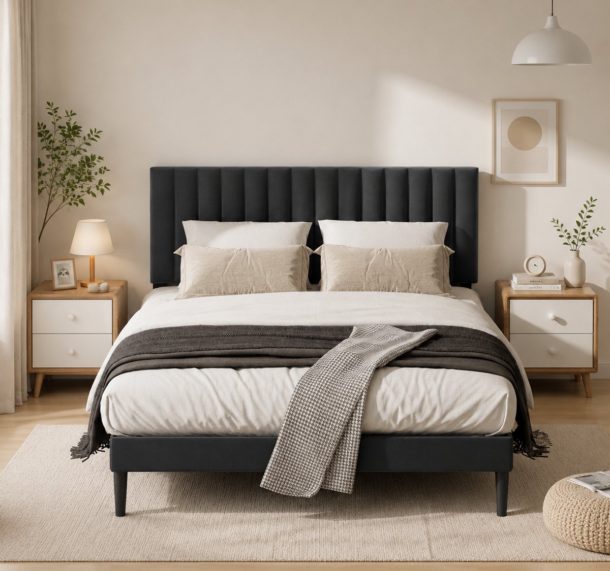 Auralum max KUTAS Gestoffeerd Bedframe 140×200cm - Heavy Duty Metalen Frame - Verstelbaar Hoofdbord - Stil & Anti Slip - Grote Opbergruimte onder Bed - Zwart - Geschikt voor Slaapkamer en Gastenkamer