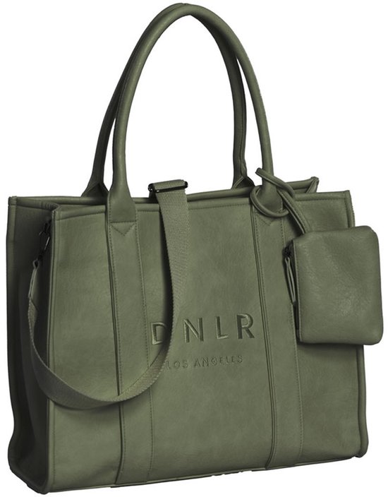 Groene shopper met handvatten, afneembare schouderband en het 'DNLR LOS ANGELES' logo.