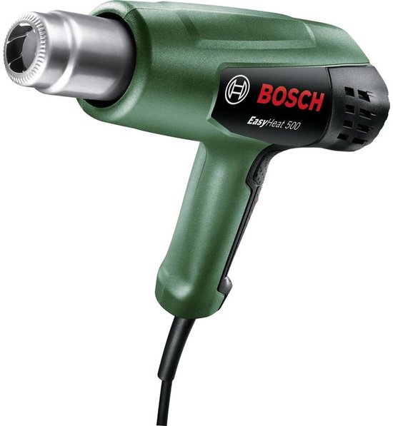 Groen Bosch EasyHeat 500 heteluchtpistool, op een witte achtergrond, met de nadruk op het zwarte handvat en de metalen spuitmond.