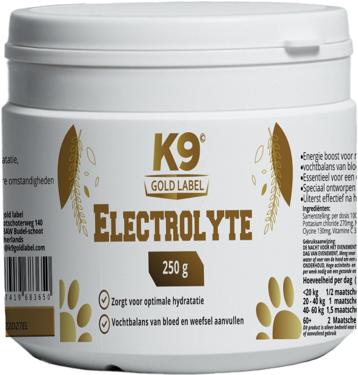 K9 gold label - Electrolyte - Energie - vochtbalans - optimale hydratatie - warme dagen - sporthonden.
