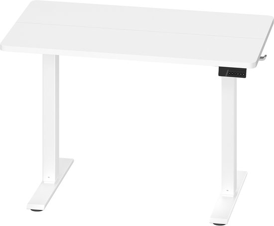 Wit, leeg, elektrisch verstelbaar bureau met een bedieningspaneel aan de zijkant.