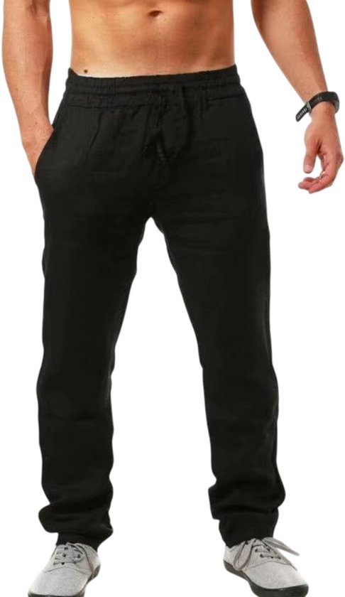 Heren Katoen-Linnen Broek – Casual Losse Zomerbroek met Elastische Taille, Ademende Vrijetijdsbroek, Streetwear Broek voor Lente, Zomer en Herfst, Comfortabele Heren Broek Los Model - Zwart - Maat XL