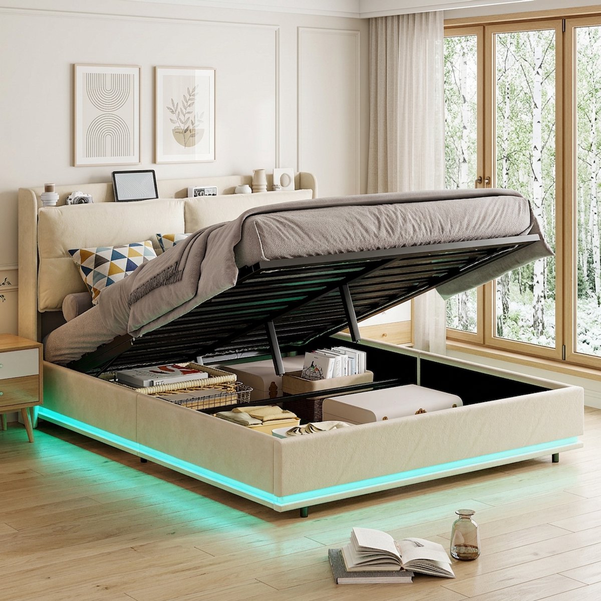 Gestoffeerd bed 140x200 cm met LED en USB - Tweepersoonsbed met Opbergruimte en Lattenbodem - Fluweel Beige - Zonder Matras
