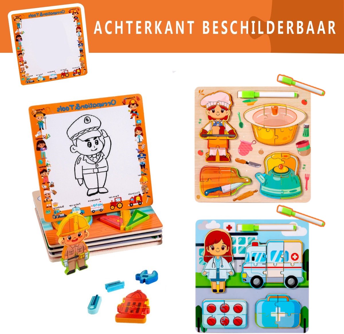 Set van 2 Houten 3D Inlegpuzzel Beroepen - Kok ,Dokter - Chunky Puzzel Peuter 2 3 4 Jaar - Educatief Speelgoed met Tekenbord & Stift - Montessori Leren - Jongens Meisjes - Cadeau peuter