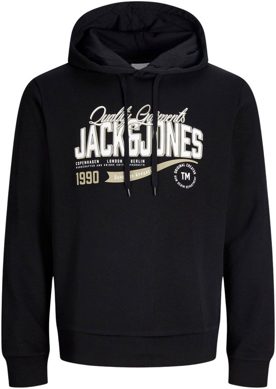 Sweat à capuche noir avec inscription du logo Jack & Jones "Quality Garments" et "1990".