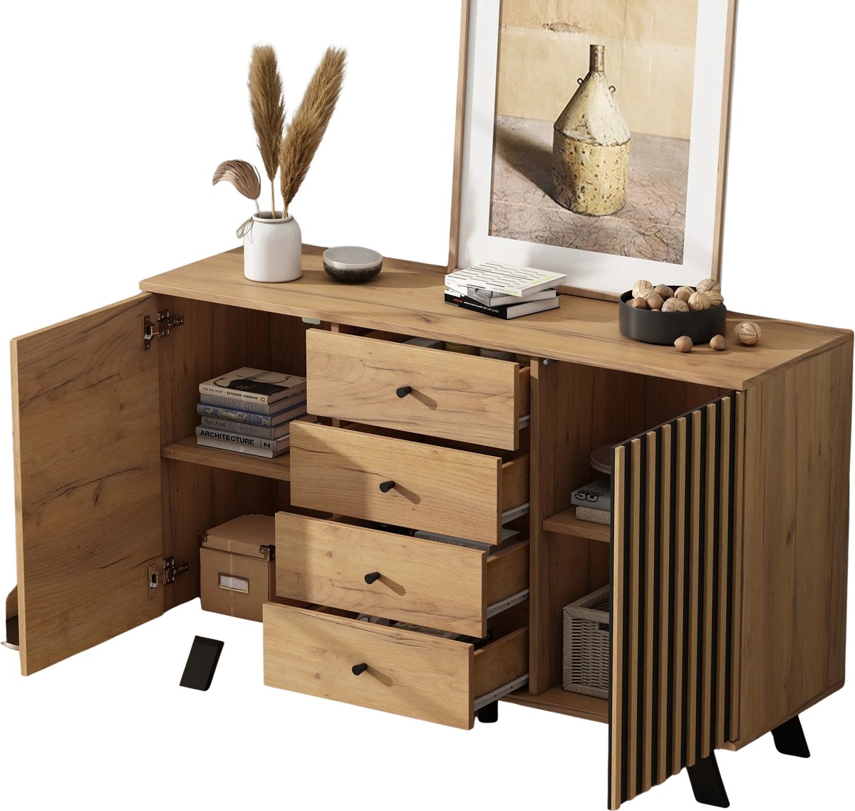Noventra - dressoir - ladekast - opbergkast - met 4 laden en 2 deuren - houtlook - ruimtebesparend - massief houten poten - 120 x 38 x 75 cm