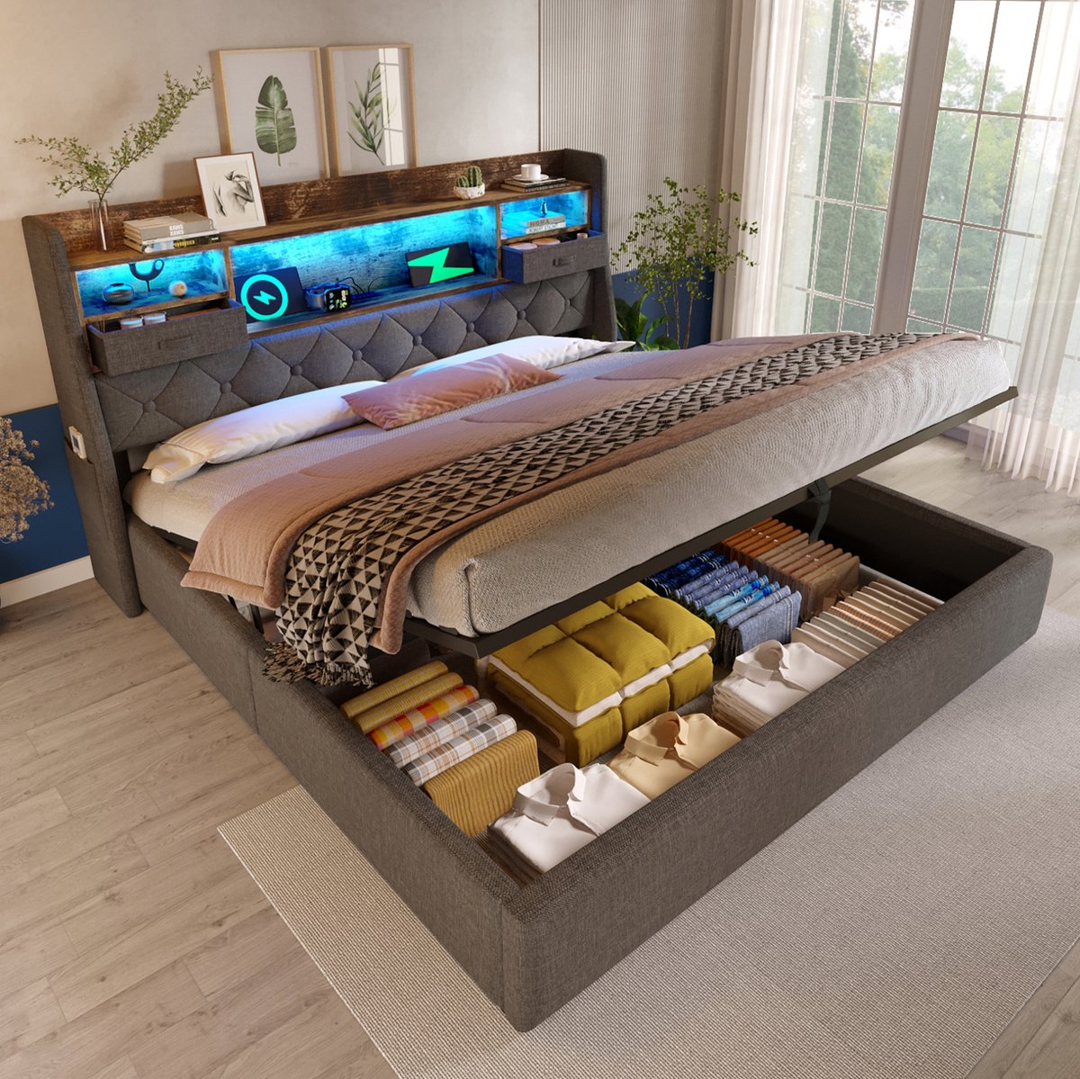 MIVRAY Gestoffeerd Bed 140x190 cm Zonder Matras - Met LED Hoofdbord, USB en Type C - Hydraulische Opbergruimte en Lattenbodem - Stof - Grijs