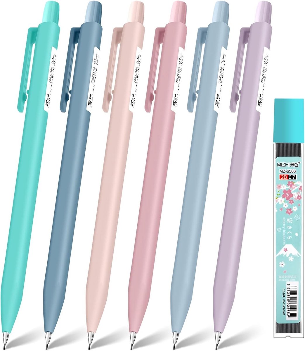 Mechanisch Potlood Set met 6 Potloden van 0.7 mm, Pastel Kleur en Gum Tip voor Precisie en Comfort
