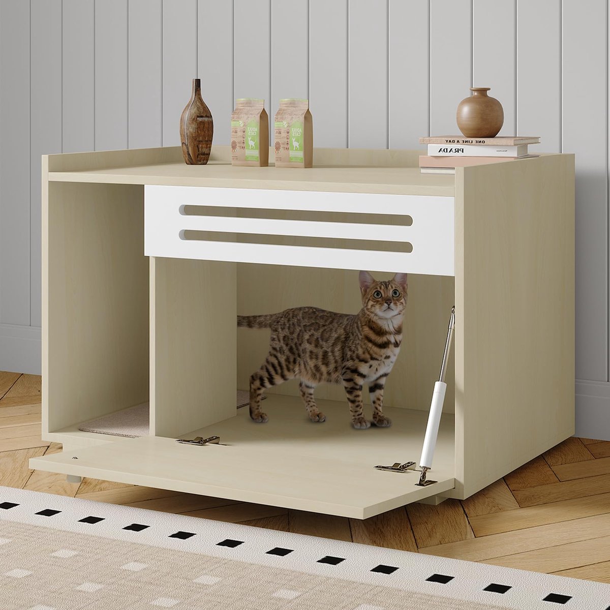 Kattenbakmeubel voor grote katten – verborgen kattenbakkast, hondbestendig kattenhok voor binnen, bruikbaar als bijzettafel