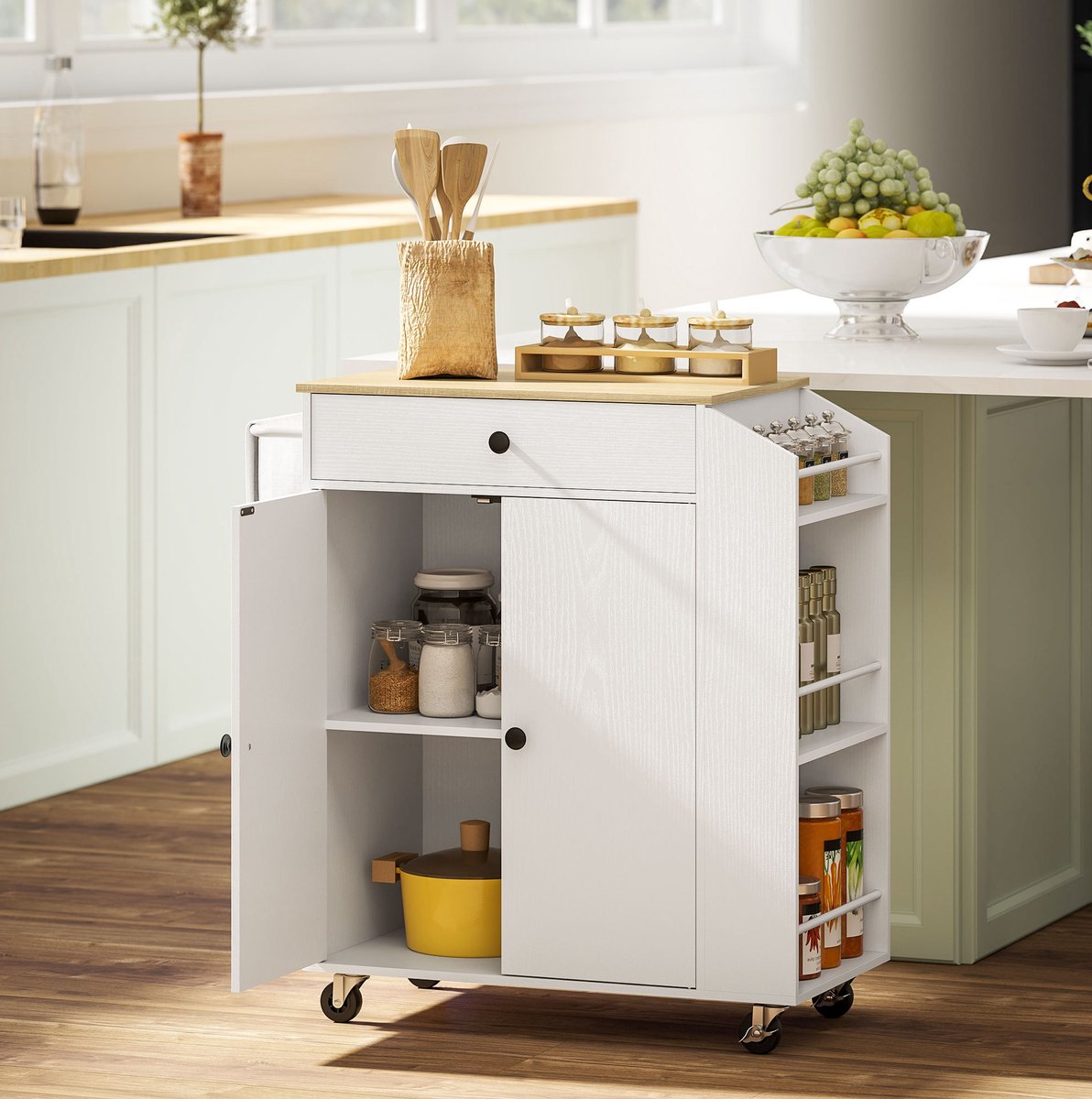 MEUNIQ keukenwagen op wielen 82 x 38 x 86,5 cm met werkblad, lade, dubbeldeurs kast, verstelbare plank, kruidenrek en handdoekhouder voor keuken wit