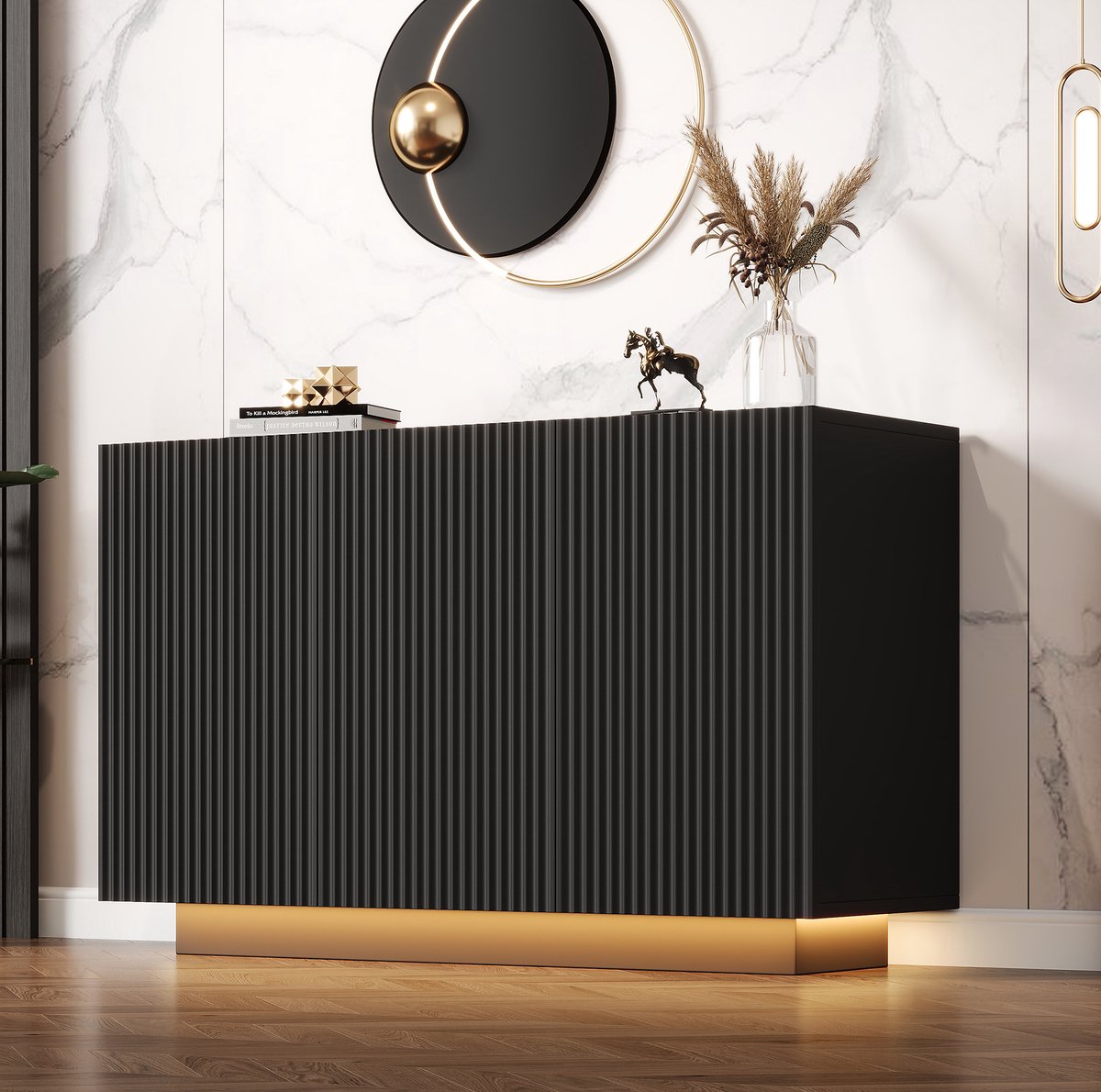 MEUNIQ dressoir 120 x 40 x 75 cm met LED verlichting, Bluetooth en afstandsbediening, 3 deuren, 6 opbergvakken, greeploos sideboard voor woonkamer of eetkamer, zwart