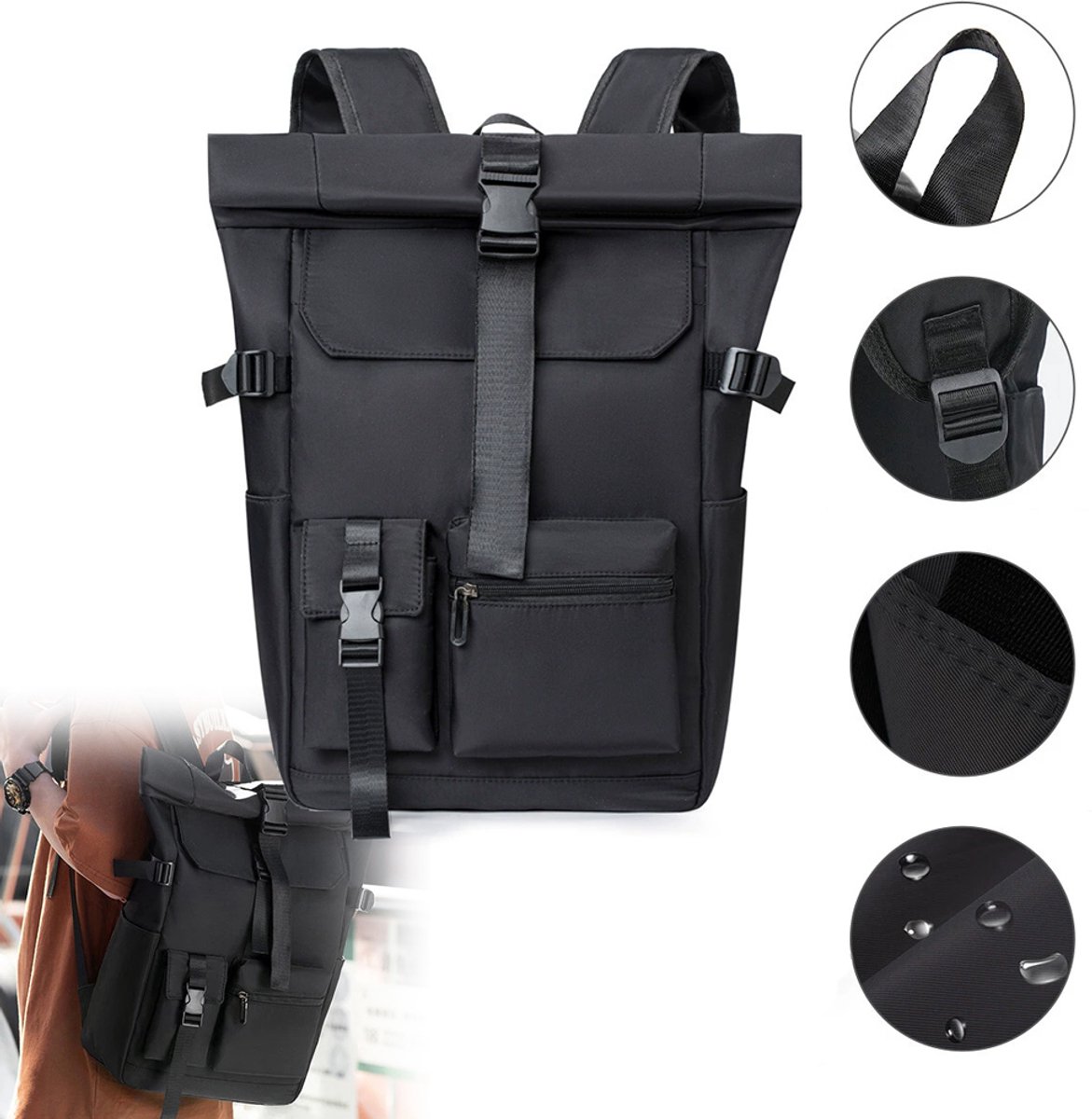Rolrugzak – Casual herenrugzak – Laptopreisrugzak – Unisex – Eenvoudig en alledaags ontwerp – Waterdicht – 32*14*45/60 cm – Geschikt voor dagelijks werk en studie – Oxford-stof – Zwart