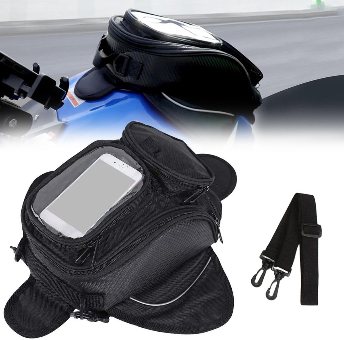 Magnetische brandstoftanktas voor motorfietsen – Waterdichte sporttanktas – Duurzaam en stevig – Geschikt voor buitensporten en toeren – Oxford-stof – Zwart