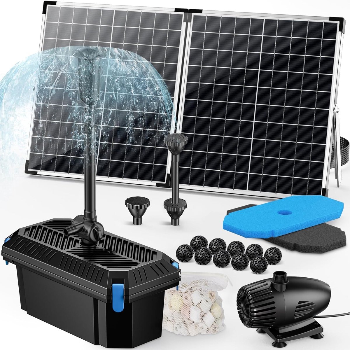 POPOSOAP 55W Solar vijverfilter – Solar fontein en filterbox set (2000 liter/uur)-regelbare doorstroomsnelheid-geschikt voor koivijvers-tuinvijvers en ecologische vijverwaterzuivering