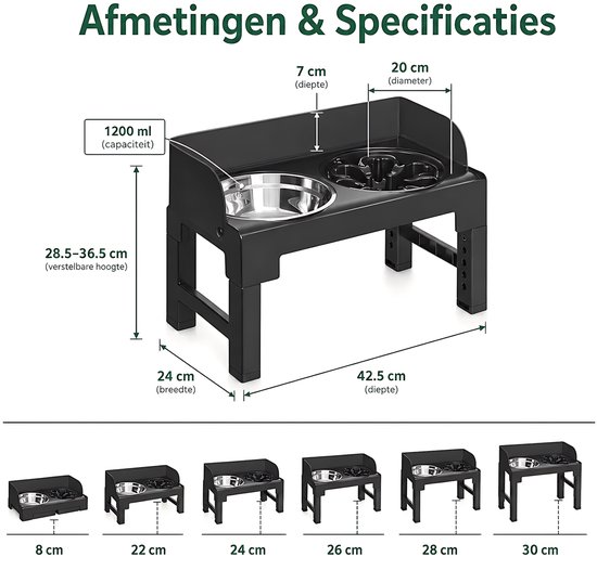 Afmetingen van de verhoogde hondenvoerbak: hoogte verstelbaar 28,5-36,5 cm, komdiameter 20 cm, diepte 7 cm. Breedte 24 cm. Inklapbare maten weergegeven.