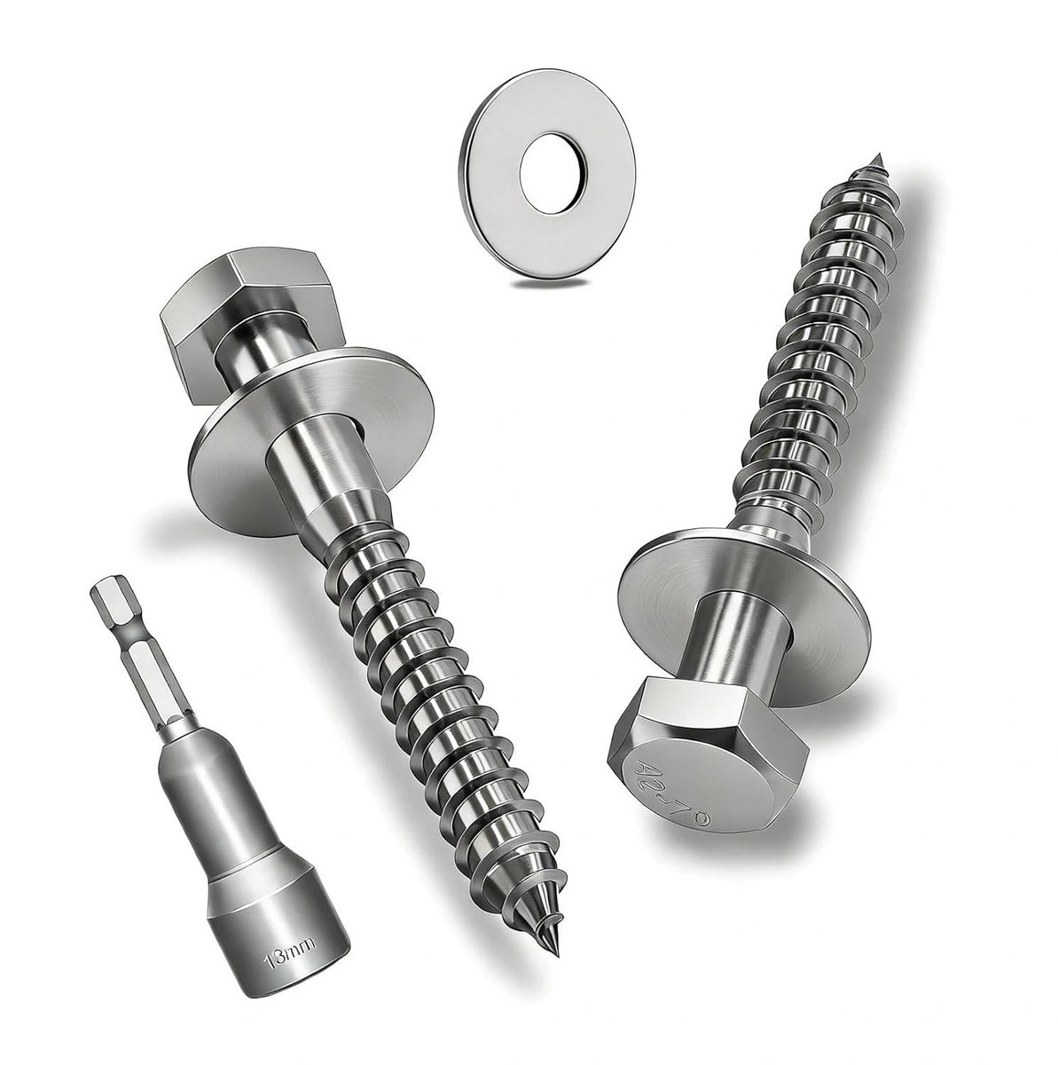 RVS Houtschroeven M10 x 100 mm, Set van 10 Zeskant Schroeven met Ringen voor Houtbewerking en Meubelreparatie, DIN 571, Sterke Bevestiging en Duurzaam Gebruik