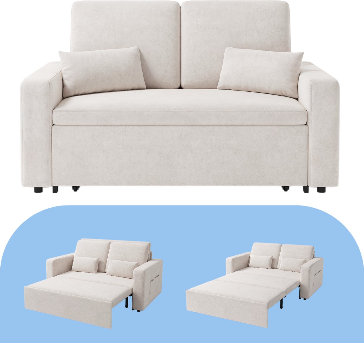 Bealife AR28 2-zits Slaapbank - 3-in-1 Bank met Slaapfunctie - Verstelbare Sofa met Armleuningen - Tweepersoonsbed voor woonkamer, slaapkamer of logeerkamer - Beige
