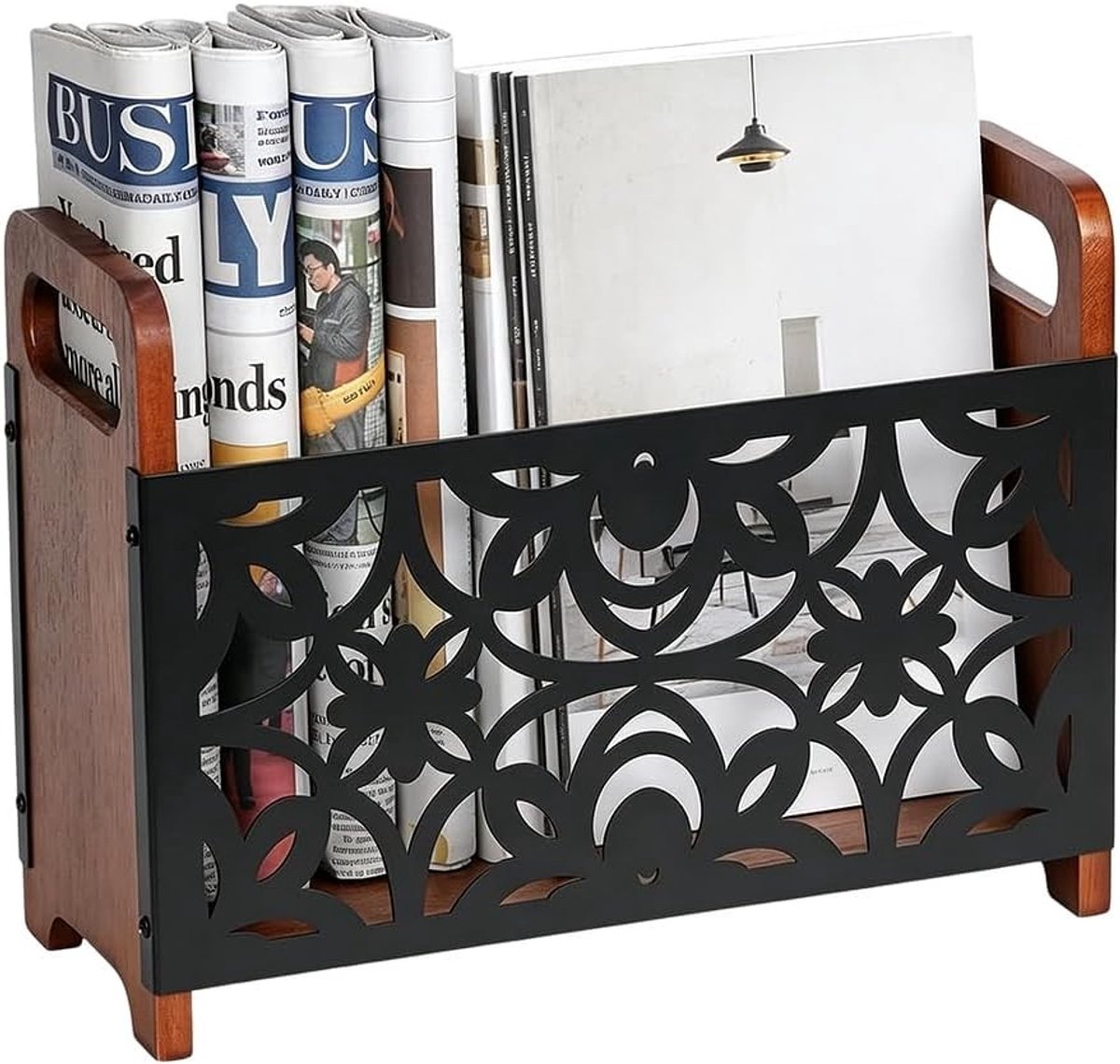 Stijlvolle krantenstandaard en tijdschriftenhouder voor een opgeruimde woonkamer en kantoorruimte met modern design