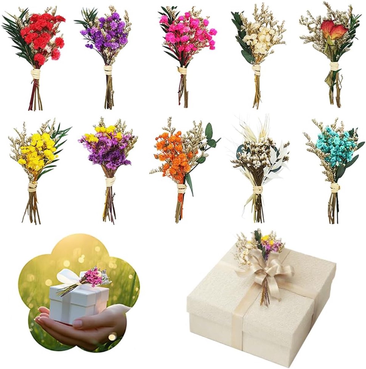 SnelShoppen - Pack van 10 kleine gedroogde bloemenboeketten, mini boeketten, natuurlijke gedroogde bloemen, decoratie voor scrapbook, bullet journal,