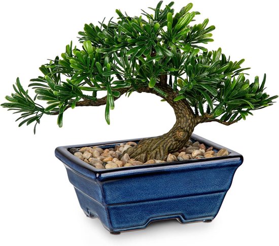 Kunstmatige Bonsai Boom Juniper - Decoratieve Planten voor Binnen, Ideaal voor Tafel, Bureau en Woonkamer met Blauw Keramiek Potje