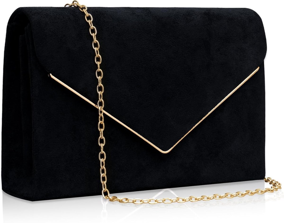 Elegante Zwarte Fluwelen Handtas met Verwijderbare Ketting, Multifunctionele Envelop Tas voor Avonduitjes en Bruiloften, Stijlvolle Suède Crossbody Tas 22 x 15 x