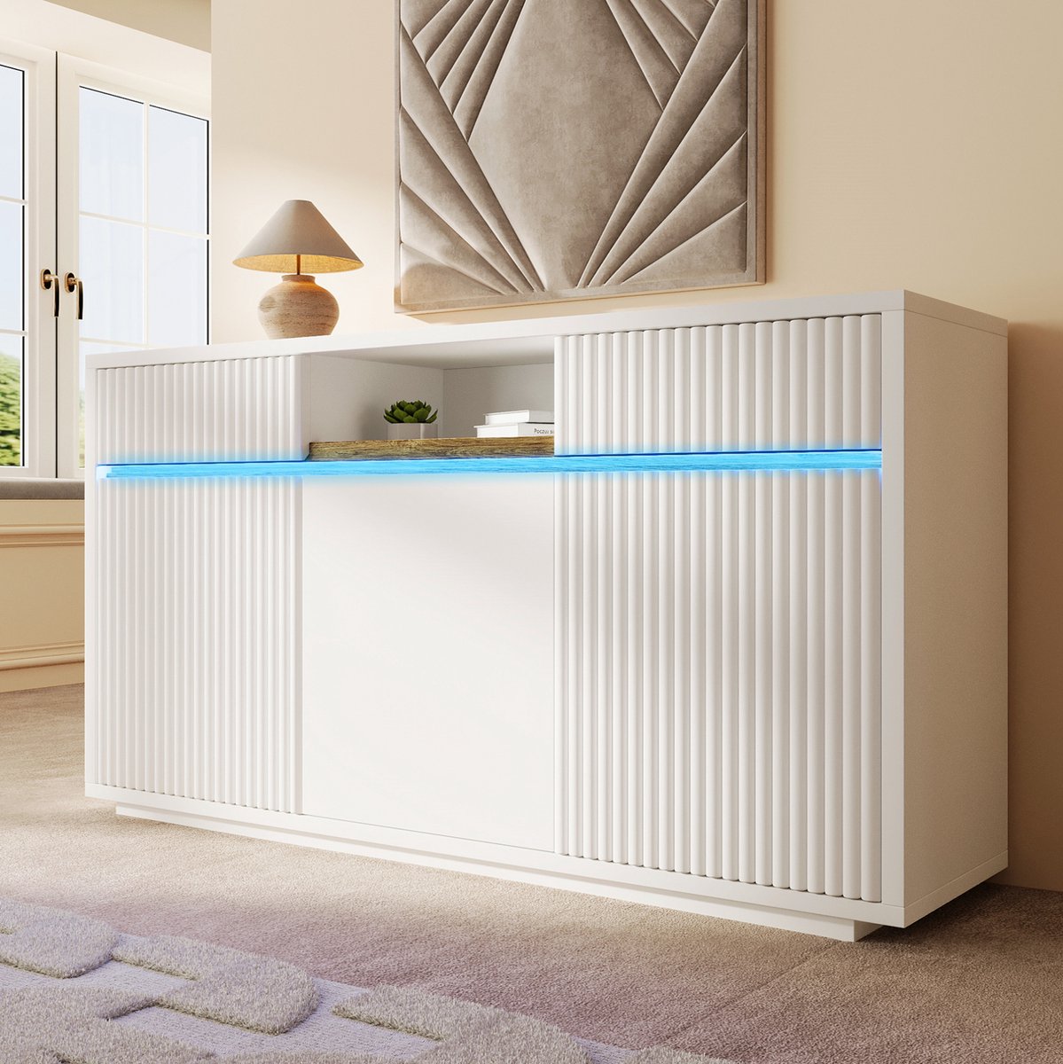 MEUNIQ dressoir 140 x 40 x 85 cm met LED, 2 lades, 3 deuren en verstelbare planken, wit sideboard voor woonkamer, hal, keuken of slaapkamer