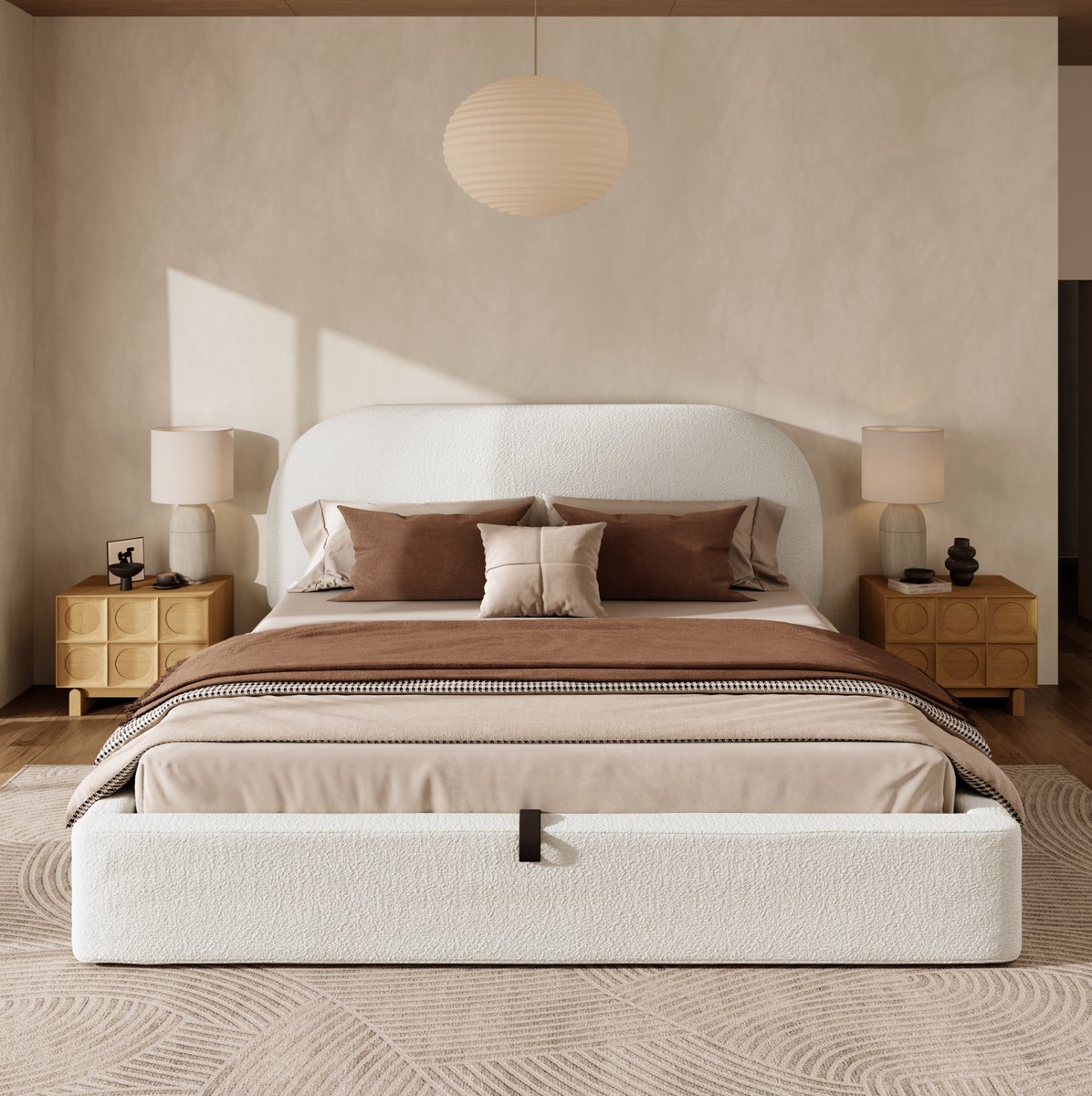 MIVRAY Bed 160x200 cm - Tweepersoonsbed Zonder Matras met Hydraulische Opbergruimte en Lattenbodem - Gestoffeerd Bouclé - Beige