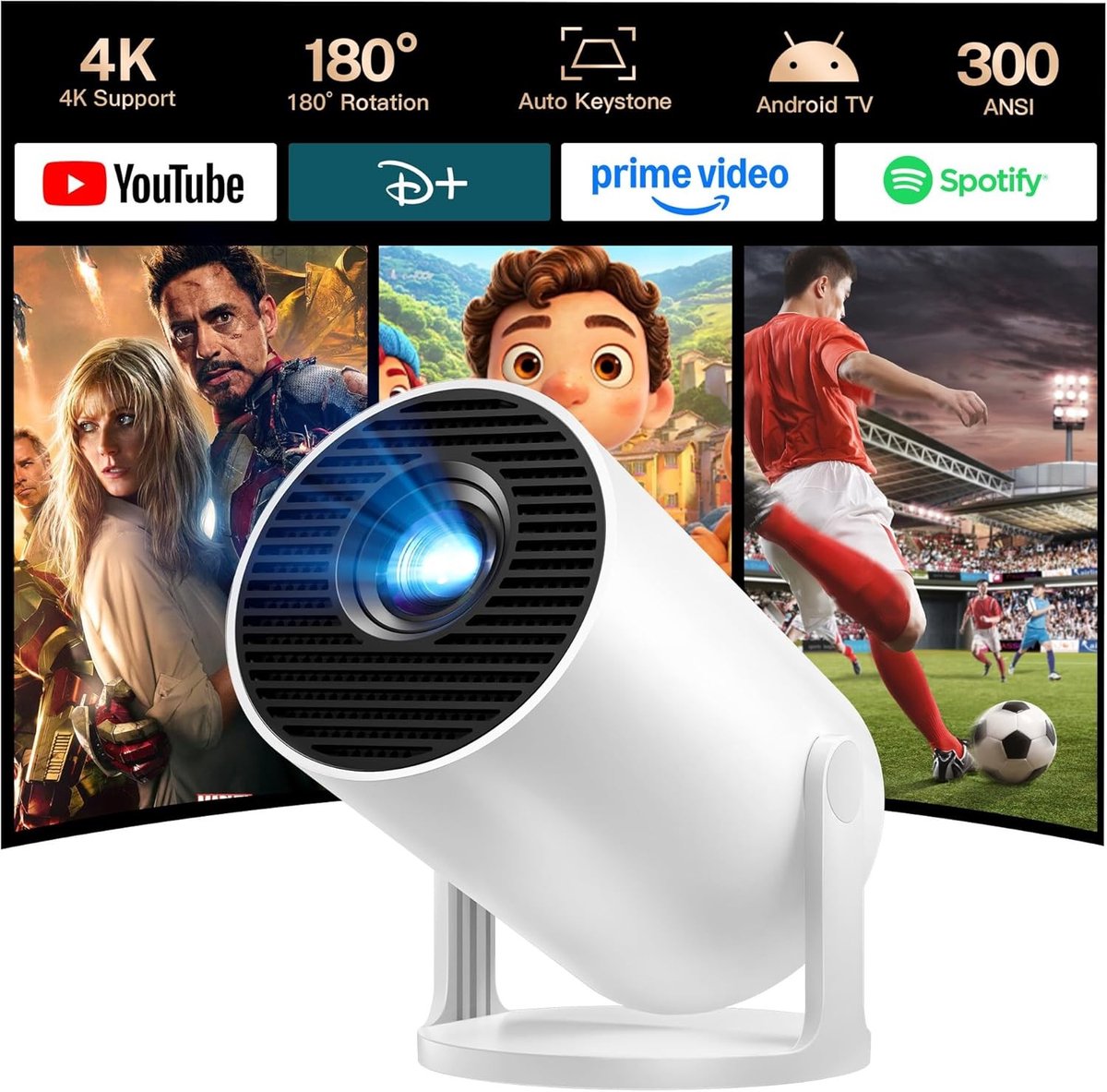 Mini-projector - 4K - Android 11 - Bluetooth 5 en Wifi 6 - Voor Telefoon/TV-Stick/HDMI/PS5/iOS
