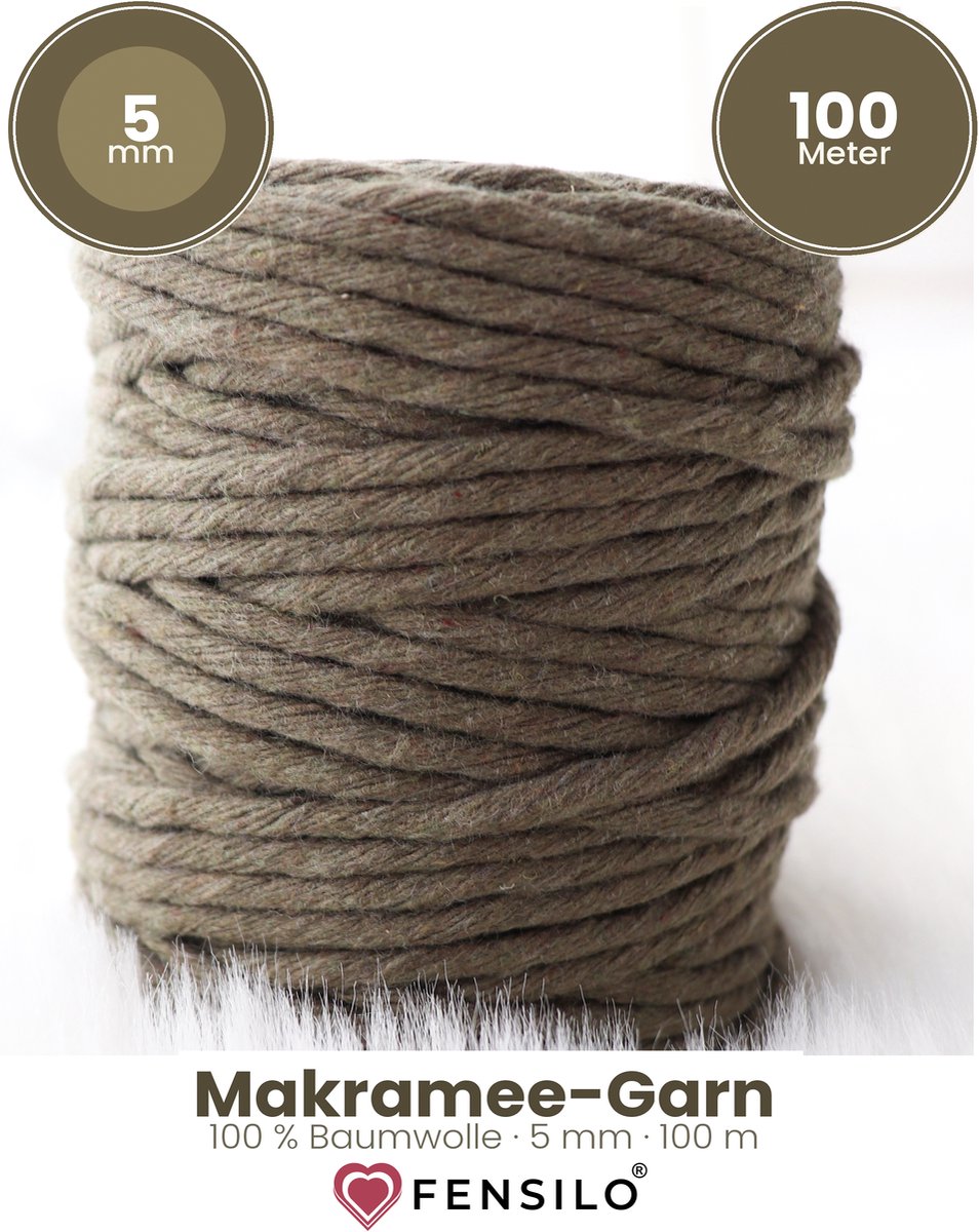 FENSILO Macramé Touw 5mm-100M -Katoen Koord - KHAKI Katoen Garen – Hobby DIY & Creatief Handwerk – Voor Wandkleed, Plantenhanger & Sieraden – Voor Volwassenen & Kinderen Knutselen Set