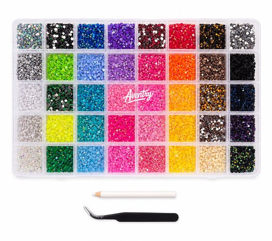 Aventry Bedazzle Kit (Zonder Lijm) - 40 Kleuren Strass Steentjes & Rhinestones - 32.000 Stuks - Complete Bedazzling Kit met Pincet, Wax Potlood