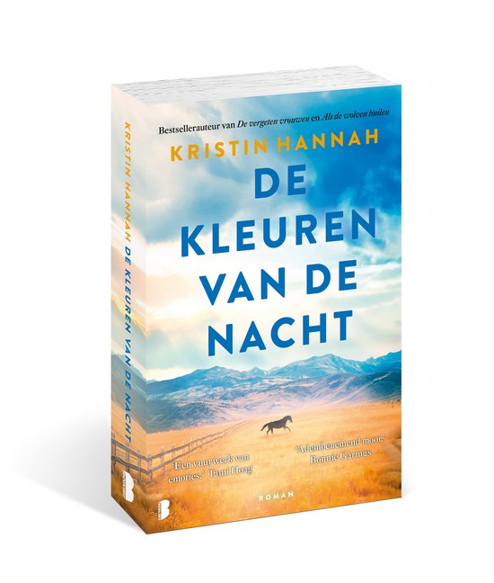 Livre en vue 3D avec le titre 'De kleuren van de nacht' par Kristin Hannah, sur fond de paysage avec cheval, montagnes et ciel.