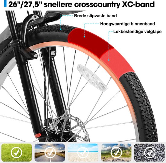 Detail van een 26"/27,5" crosscountry XC-band met brede, slipvaste band en lekbestendige velgtape.