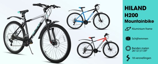 Overzicht van HILAND H200 mountainbikes in grijs/rood, zwart/blauw en wit/zwart. Aluminium frame, schijfremmen.