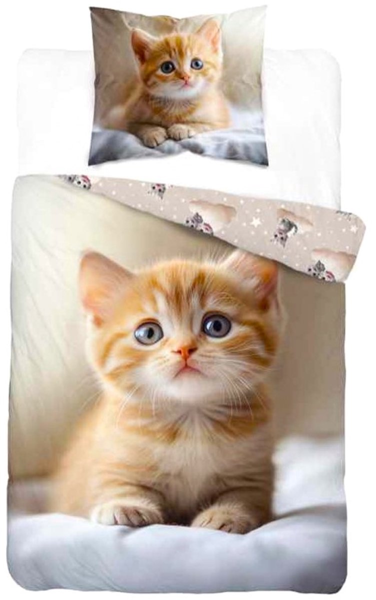 1-persoons kinder dekbedovertrek (dekbed hoes) met lief poesje / kat / kitten liggend op een kussen KATOEN eenpersoons 140 x 200 cm