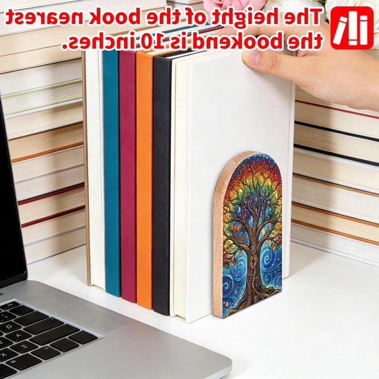Moderne houten boekensteunen voor boekenplanken, decoratieve studieboekuiteinden, stoppers voor kantoor en bureau, 12,7 x 8 cm, 1 paar met levensboom design — afbeelding 4