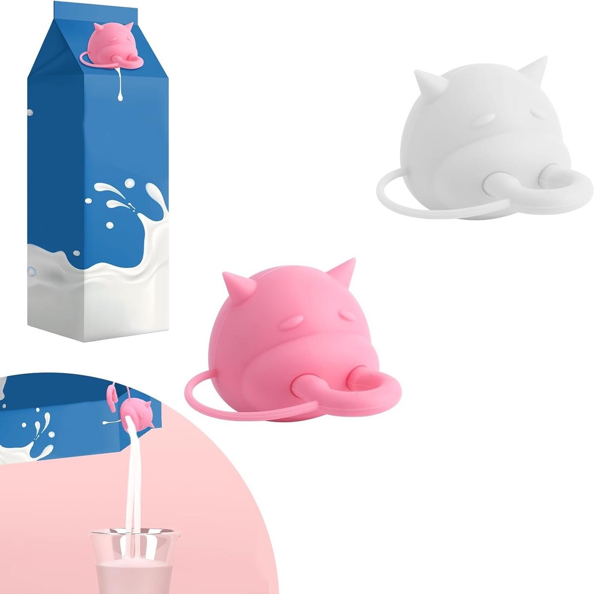 Set van 2 Leuke Siliconen Melkdoosdeksels - Lekvrije Melkverdeling voor Cartons, Creatieve Cadeaus voor Melkliefhebbers (Roze, Wit)