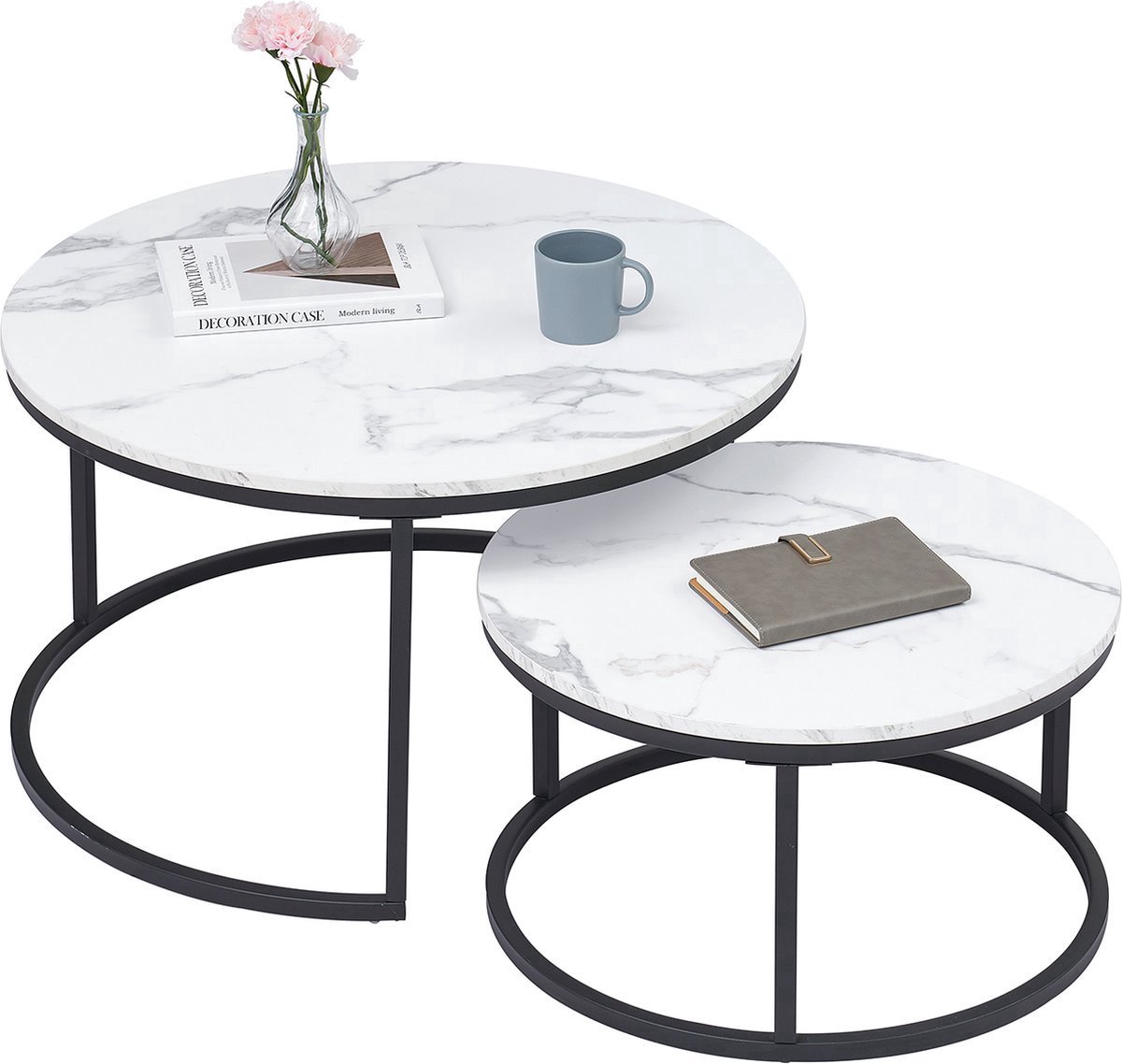 Salontafel Zwart - Luxe, Marmerlook en Set van 2 met Wit - Voor Eetkamer, Woonkamer en Kantoor